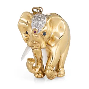 Heavy Elephant Pendant Vintage 18k Yellow Gold Diamond Gemstones Large Jewelry