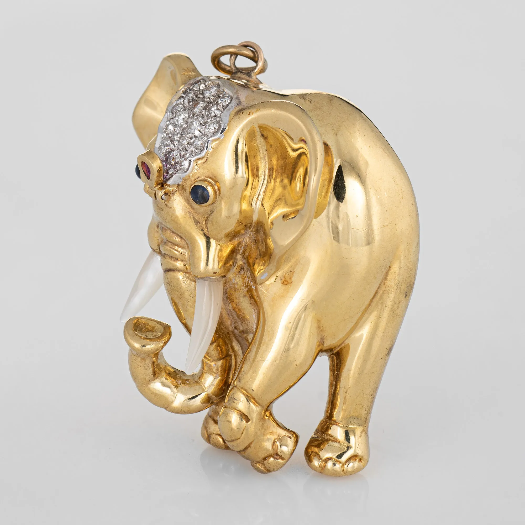 Heavy Elephant Pendant Vintage 18k Yellow Gold Diamond Gemstones Large Jewelry