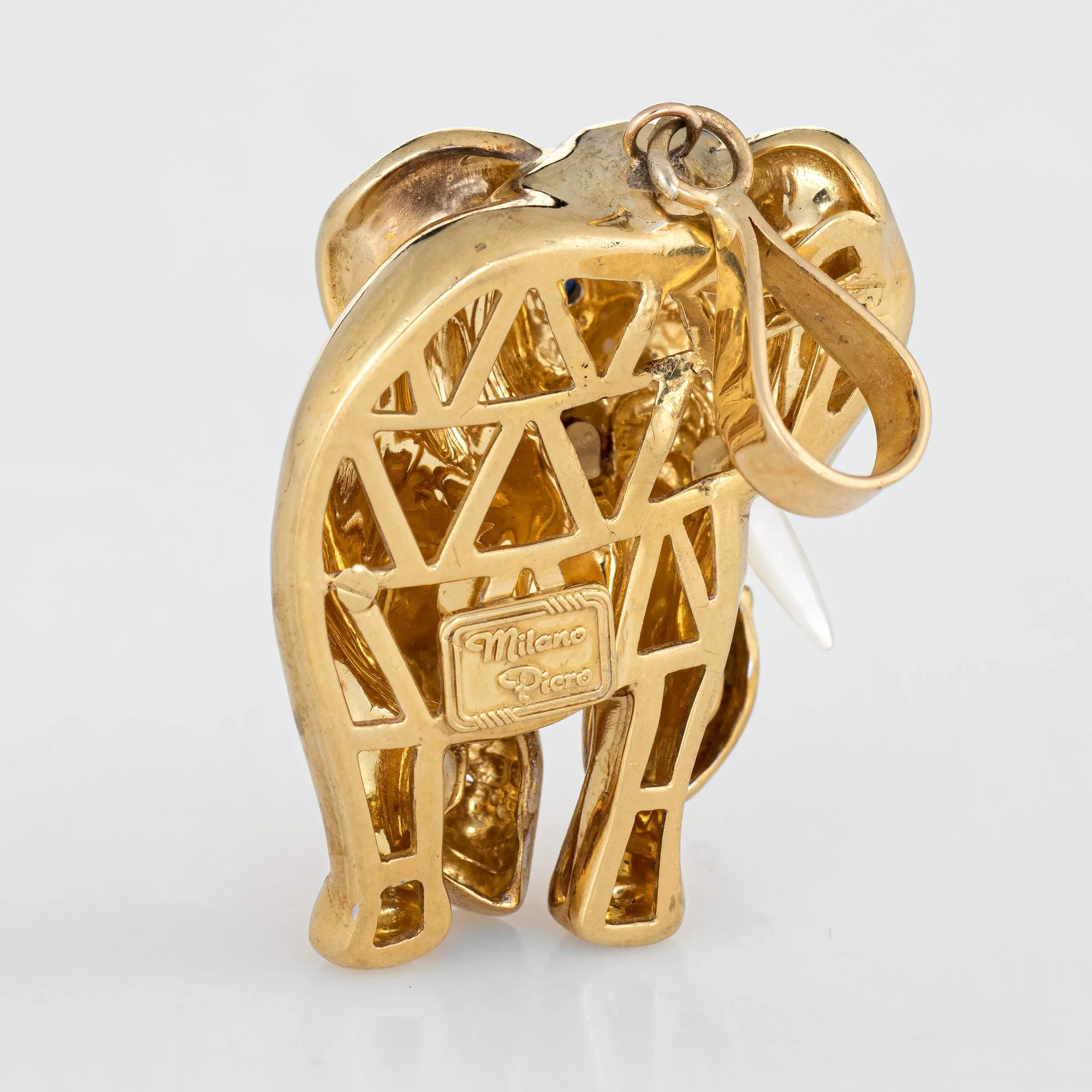 Heavy Elephant Pendant Vintage 18k Yellow Gold Diamond Gemstones Large Jewelry