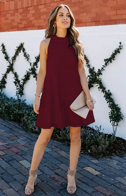 High Neck Sleeveless Dress with Ruffle Detail