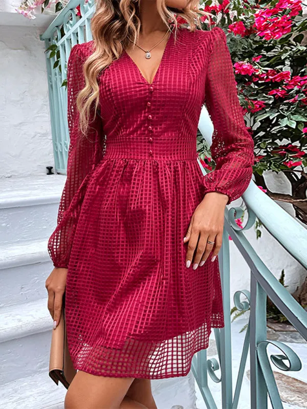 Hollow Grid A-Line Dress with Sheer Sleeves and Button Front