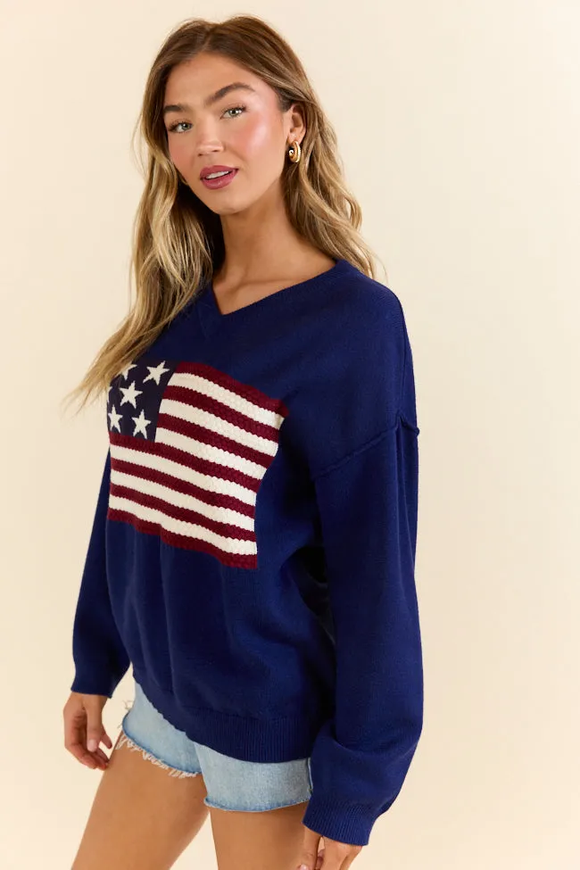 Home Of The Free Navy V-Neck Textured Flag Sweater
