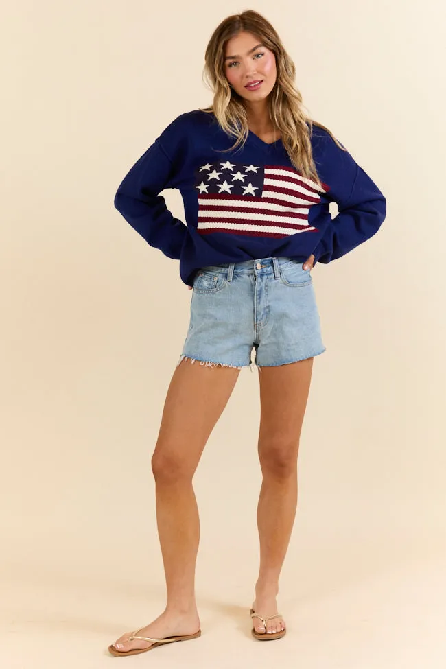 Home Of The Free Navy V-Neck Textured Flag Sweater