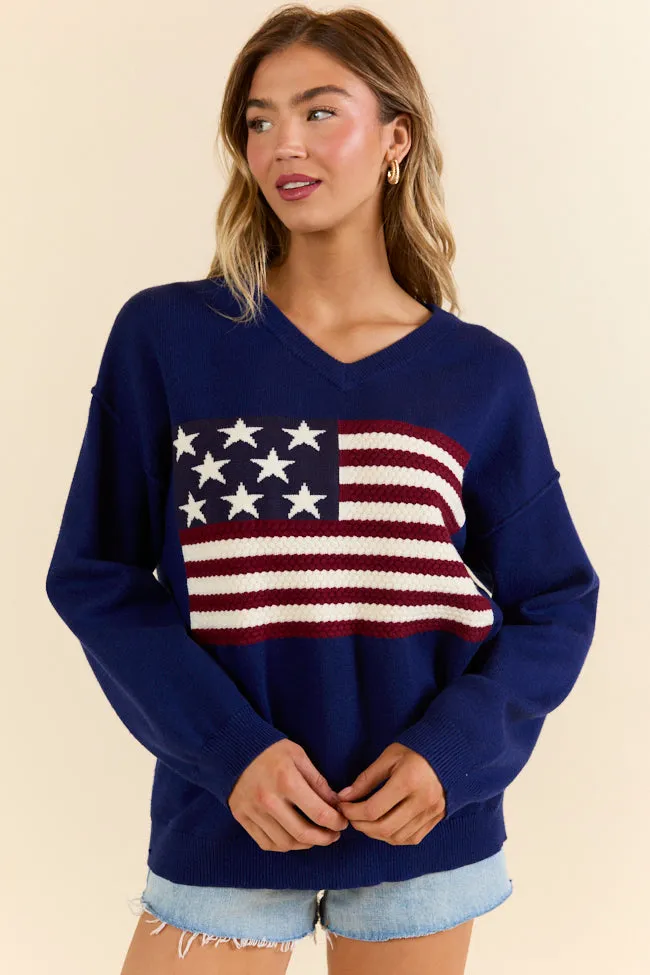 Home Of The Free Navy V-Neck Textured Flag Sweater