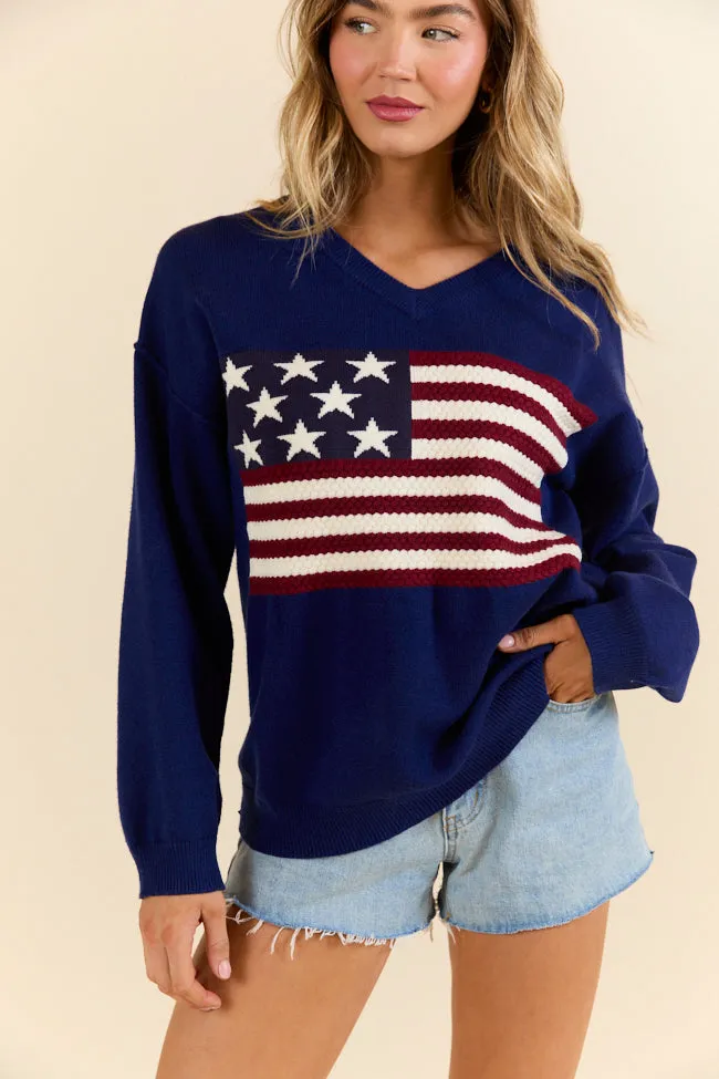 Home Of The Free Navy V-Neck Textured Flag Sweater