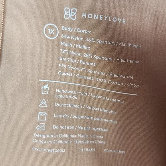 Honeylove Low-Back Allover Smoothing Compression Shapewear Bodysuit Sand 1X
