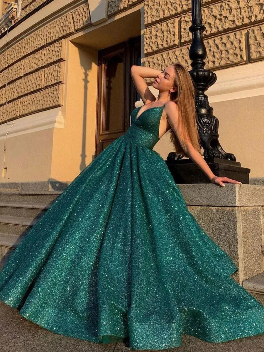 Hot Green Sequin Prom Dresses A Line Long Evening Gormal Gowns