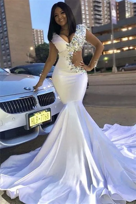 Hot Mermaid Rhinestones Satin 2024 Prom Dress V-neck Sweep Train