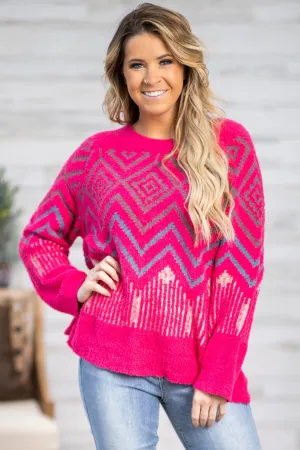 Hot Pink and Grey Aztec Print Sweater