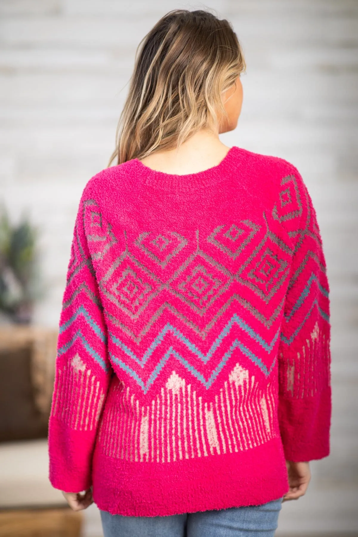 Hot Pink and Grey Aztec Print Sweater