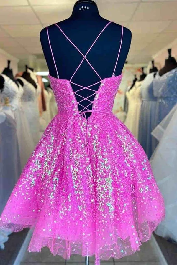 Hot Pink Sequins A-line Short Homecoming Dresses, Graduation Dresses, MH621
