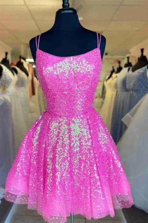 Hot Pink Sequins A-line Short Homecoming Dresses, Graduation Dresses, MH621