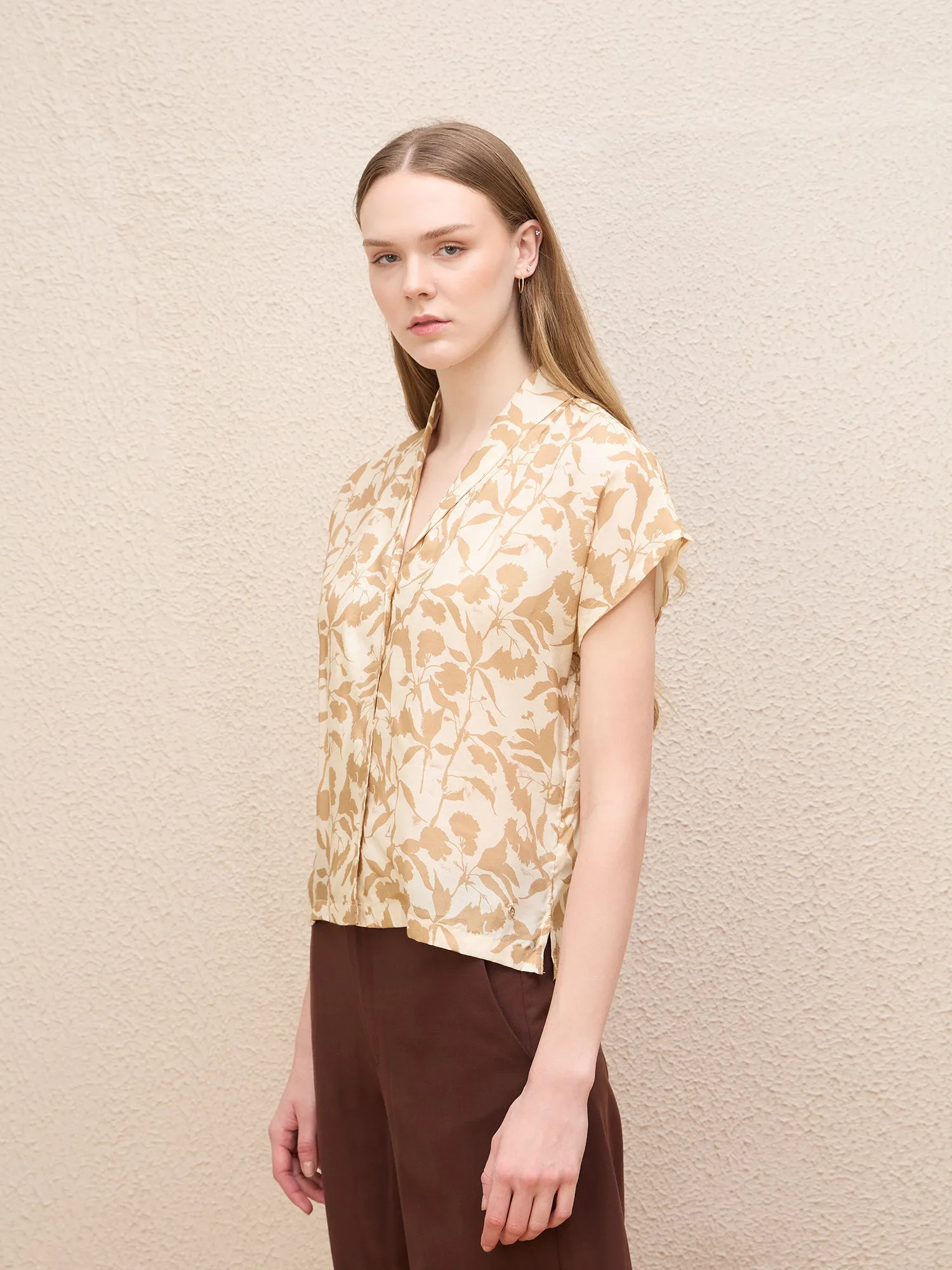 Iconic Women Beige Printed Shawl Collar Top