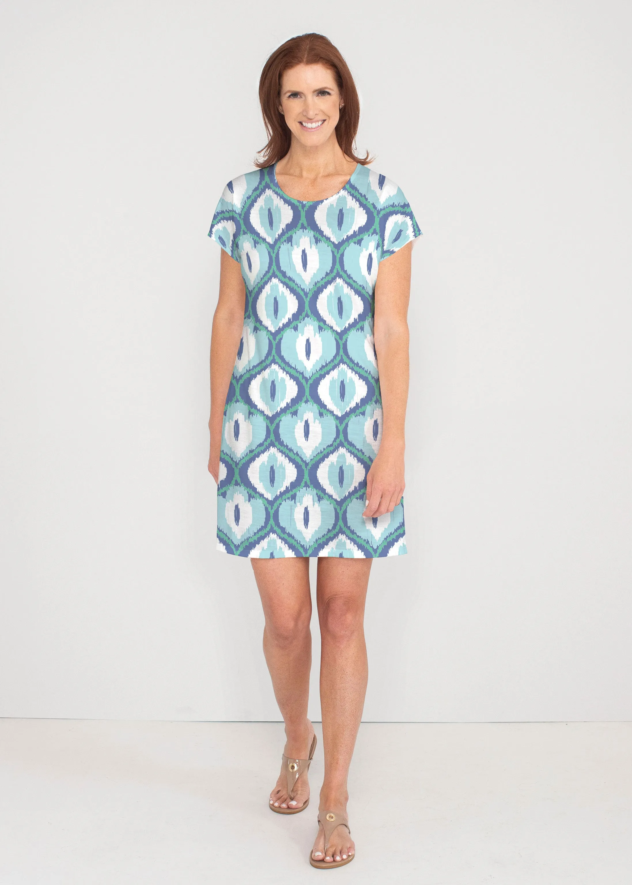 Ikat Buds Blue (8075) ~ French Terry Short Sleeve Crew Dress