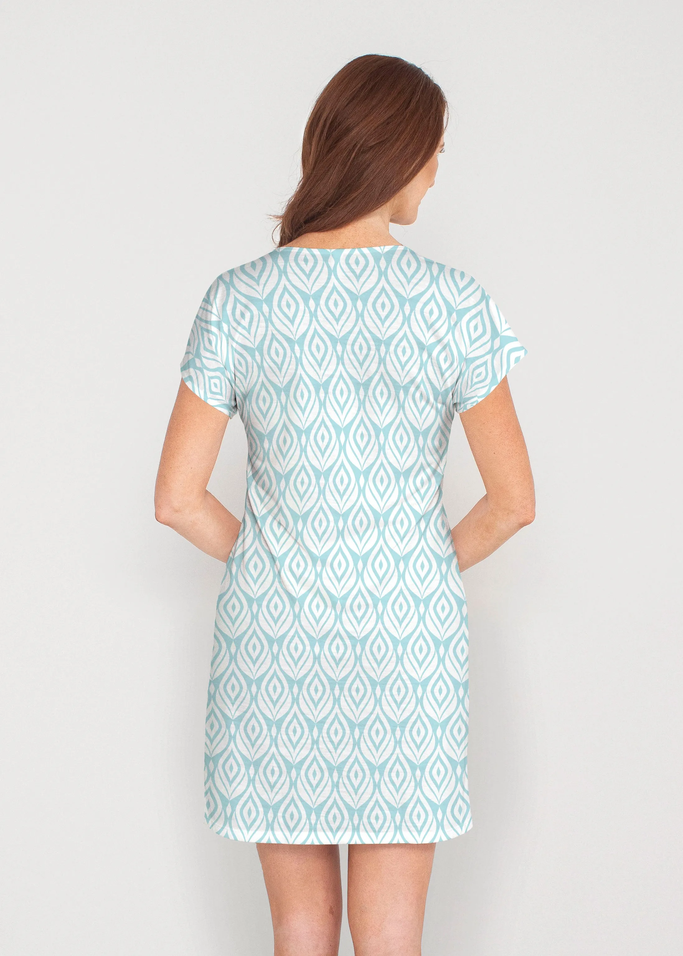 Ikat Buds Blue (8075) ~ French Terry Short Sleeve Crew Dress