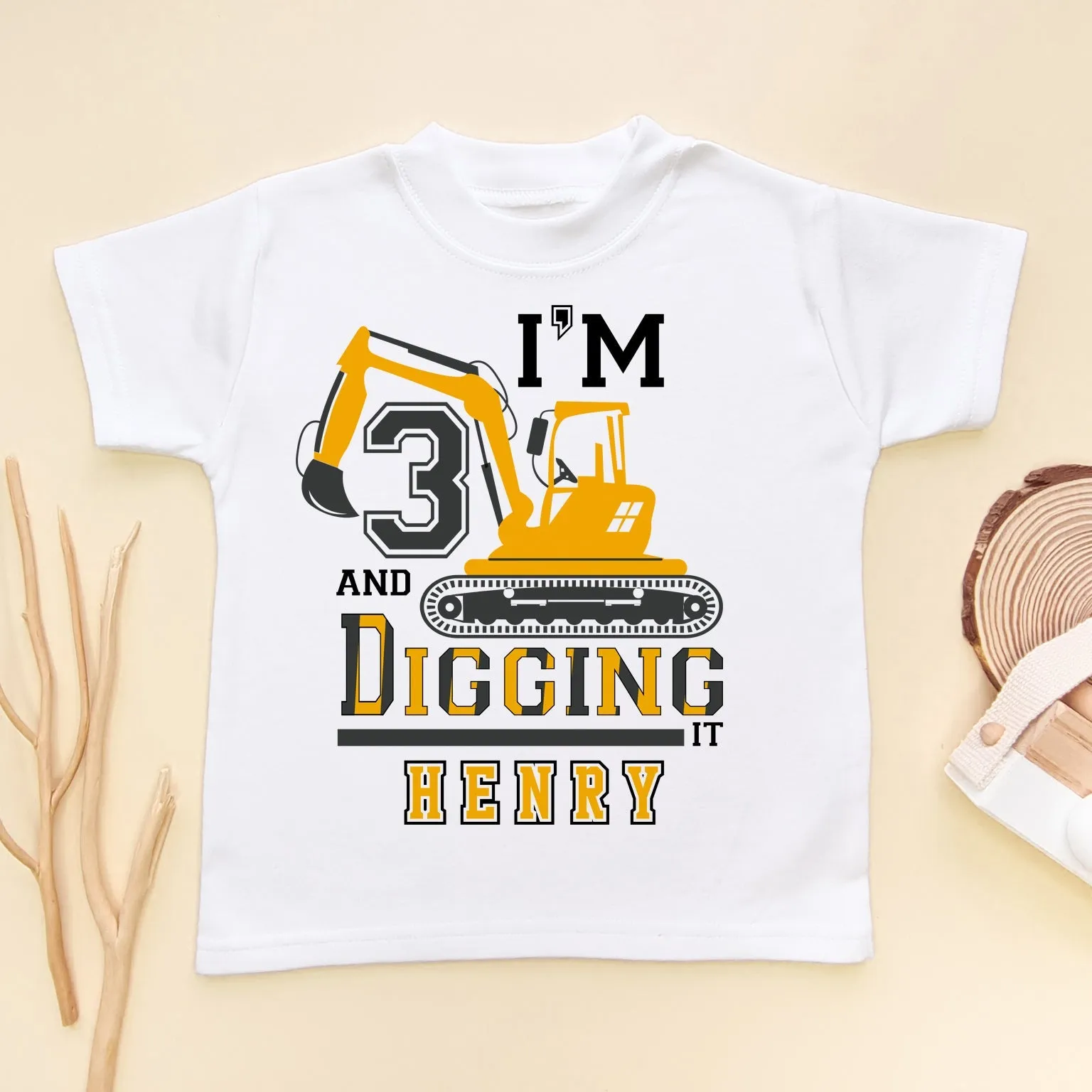 I'm 3 And Digging It Personalised Builder/Construction Birthday Kids & Toddler T Shirt
