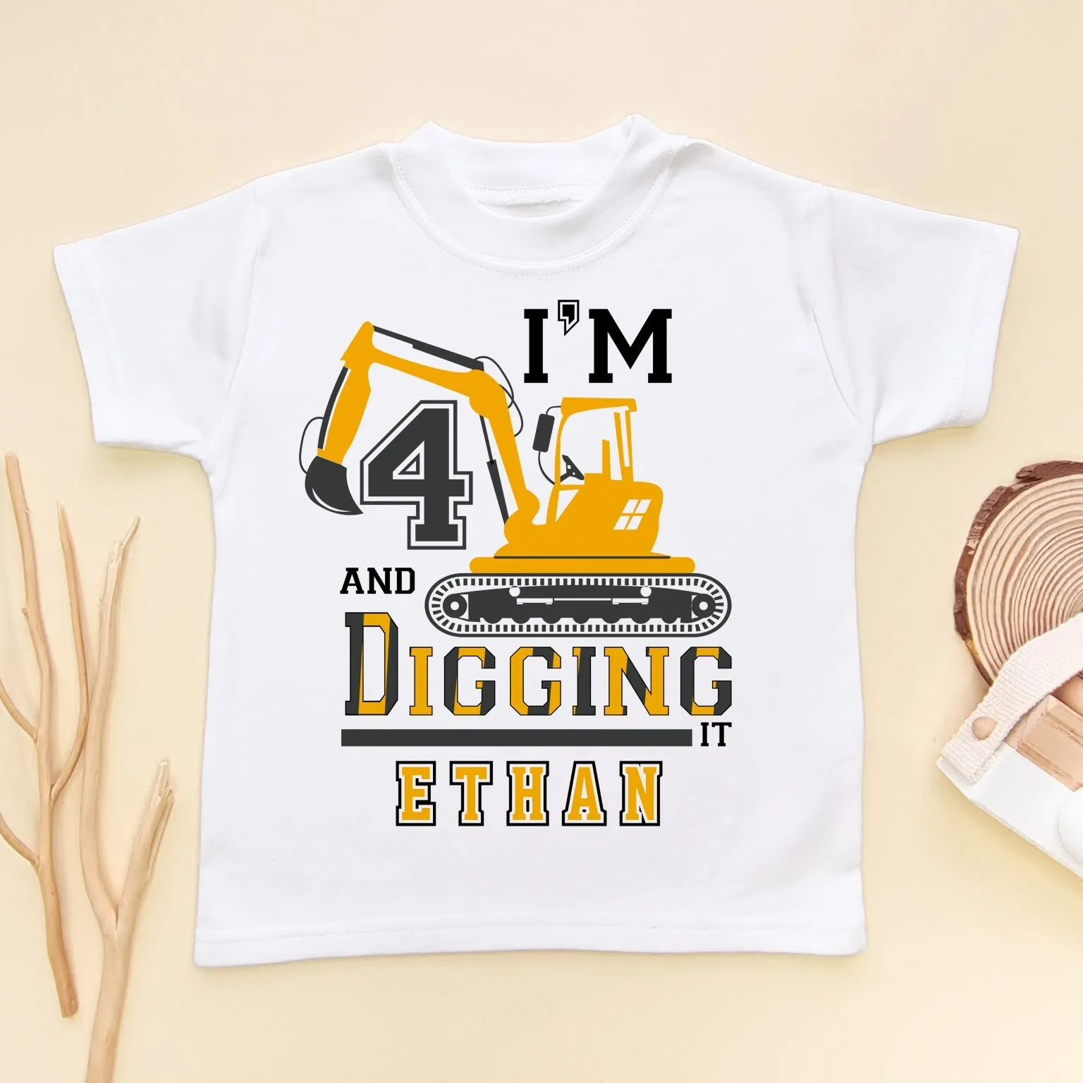 I'm 4 And Digging It Personalised Builder/Construction Birthday Kids & Toddler T Shirt