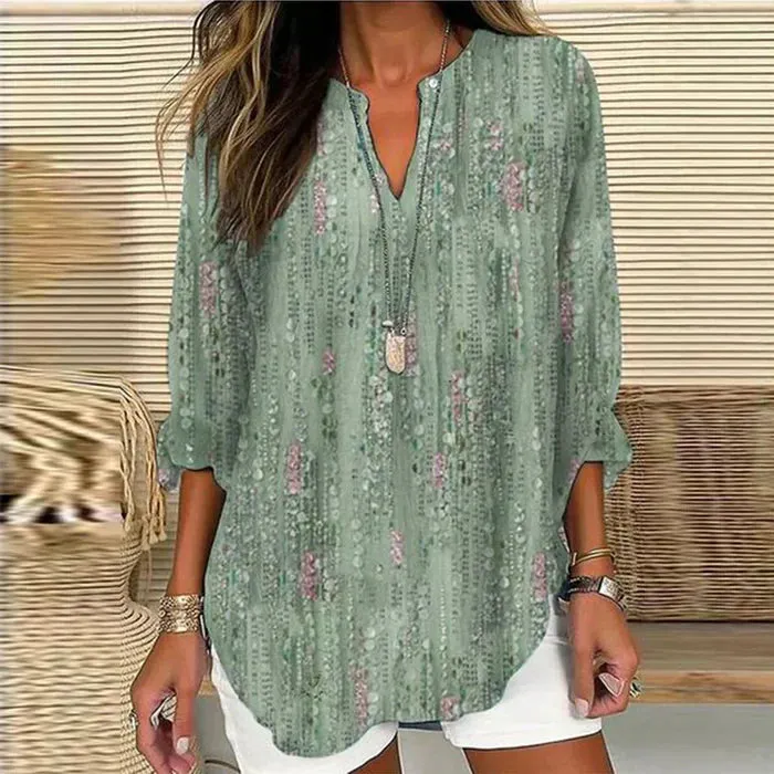 Isabella Blouse: Green Plant Print, N-Neckline