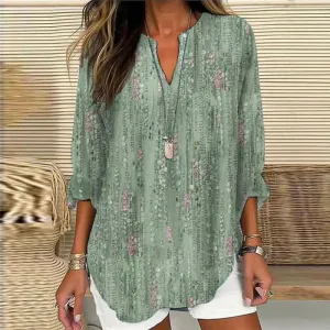 Isabella Blouse: Green Plant Print, N-Neckline