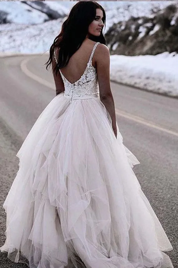 Ivory A-line Tulle Lace Top Straps Backless Wedding dresses, Bridal Gown, MW683