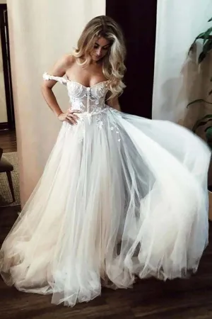 Ivory Off Shoulder Sweetheart Long Wedding Dresses with Lace Appliques, MW708