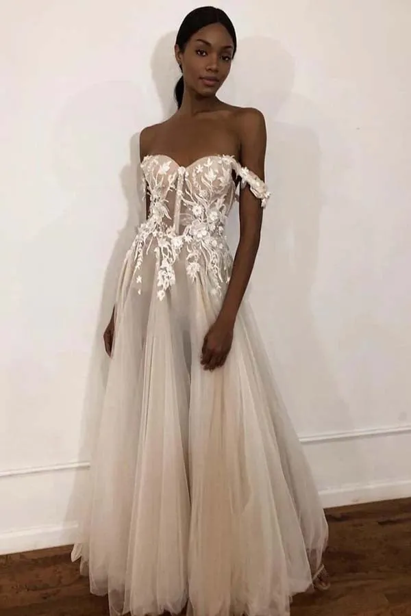Ivory Off Shoulder Sweetheart Long Wedding Dresses with Lace Appliques, MW708