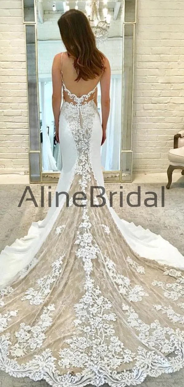 Ivory Satin Gorgeous Lace Spaghetti Strap With Nude Lining Vintage Wedding Dresses, AB1558
