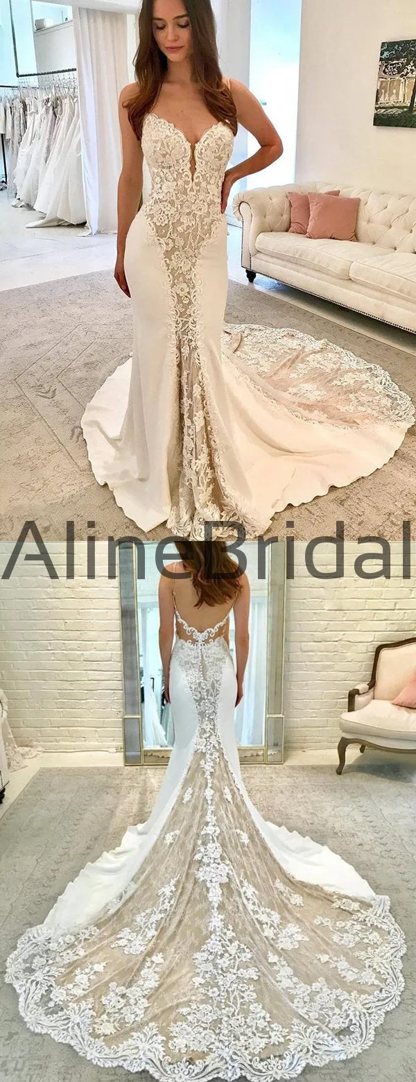 Ivory Satin Gorgeous Lace Spaghetti Strap With Nude Lining Vintage Wedding Dresses, AB1558