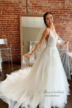Ivory Tulle Lace A-line V-neck Wedding dresses With Train, Bridal Gowns, MW684