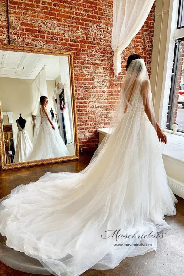 Ivory Tulle Lace A-line V-neck Wedding dresses With Train, Bridal Gowns, MW684