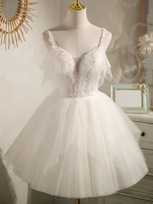 Ivory V Neck Spaghetti Straps Beading Short Homecoming Dresses
