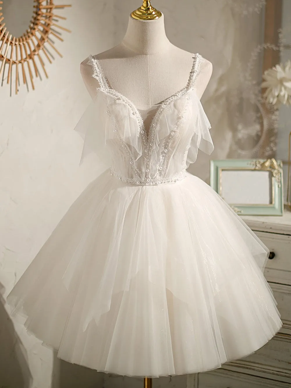 Ivory V Neck Spaghetti Straps Beading Short Homecoming Dresses
