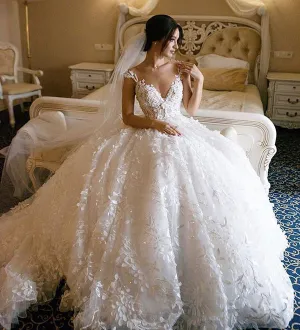 Ivory Vintage Ball Gown 3D Floral Lace Spagehtti straps Wedding Dresses, SW306