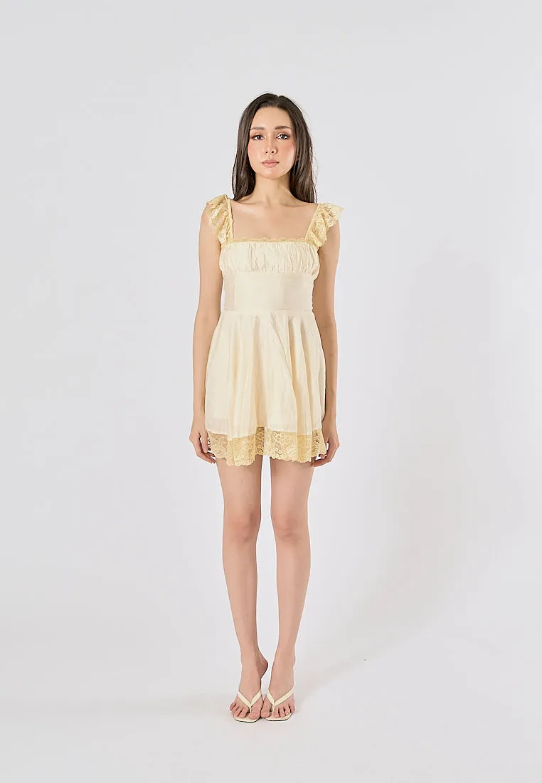 Jasper Light Yellow Square Neck Sleeveless Lace Mini Dress