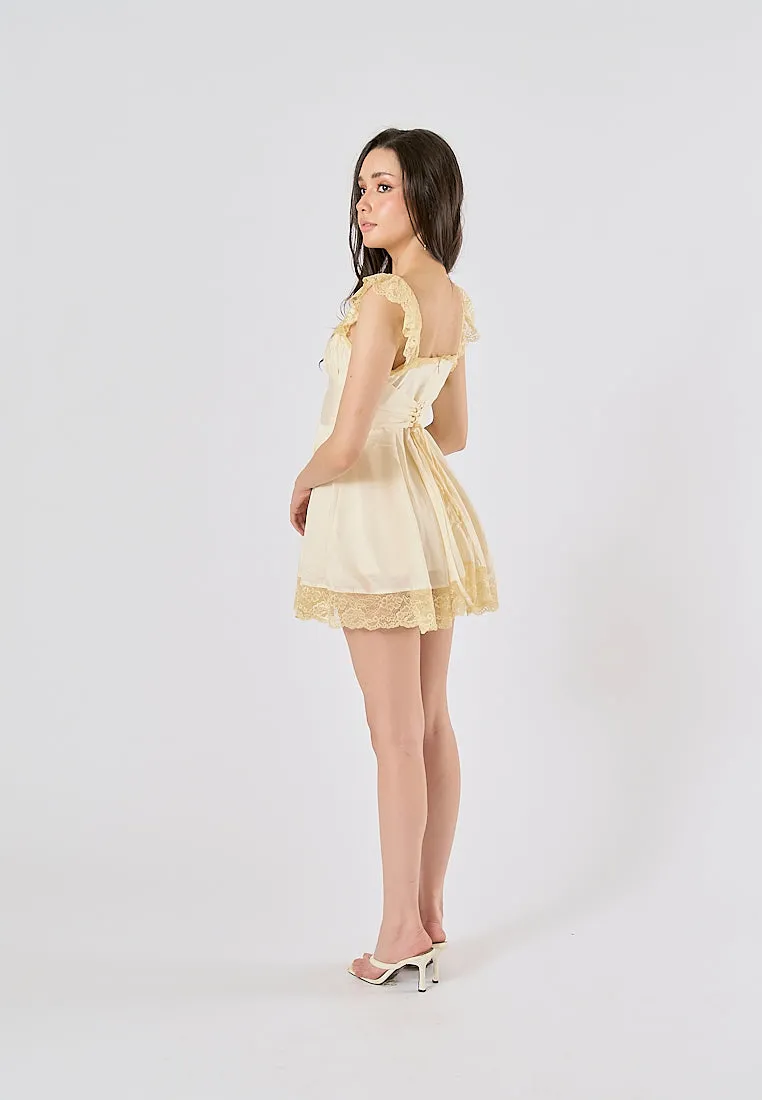 Jasper Light Yellow Square Neck Sleeveless Lace Mini Dress