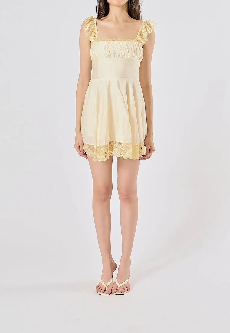 Jasper Light Yellow Square Neck Sleeveless Lace Mini Dress