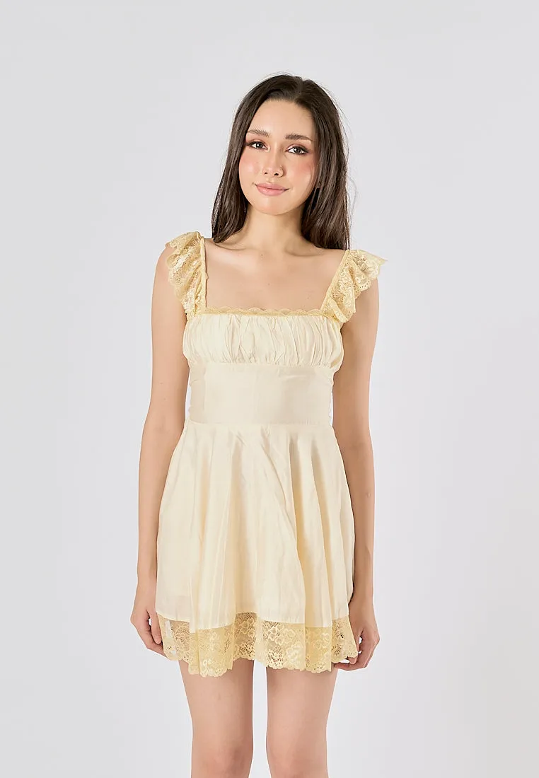 Jasper Light Yellow Square Neck Sleeveless Lace Mini Dress