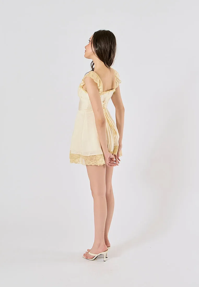Jasper Light Yellow Square Neck Sleeveless Lace Mini Dress