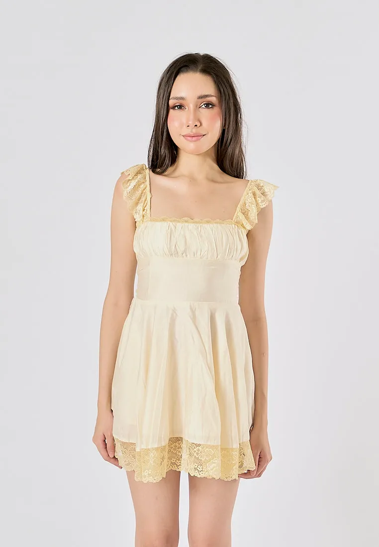 Jasper Light Yellow Square Neck Sleeveless Lace Mini Dress