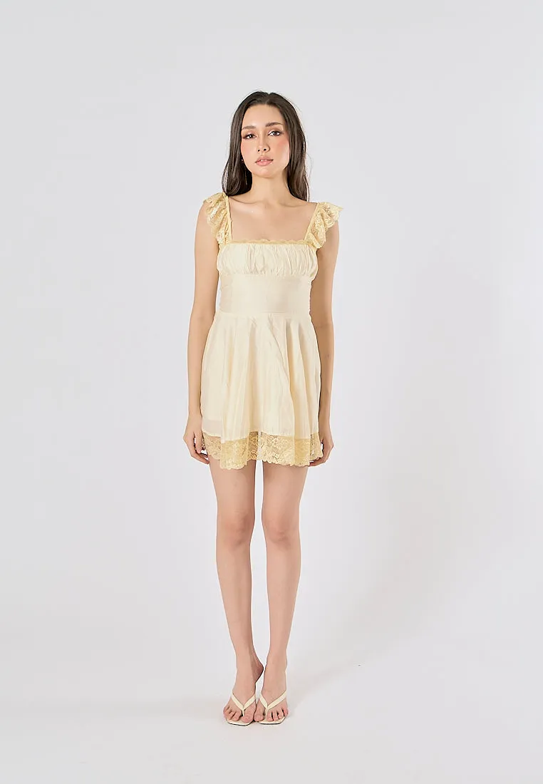 Jasper Light Yellow Square Neck Sleeveless Lace Mini Dress