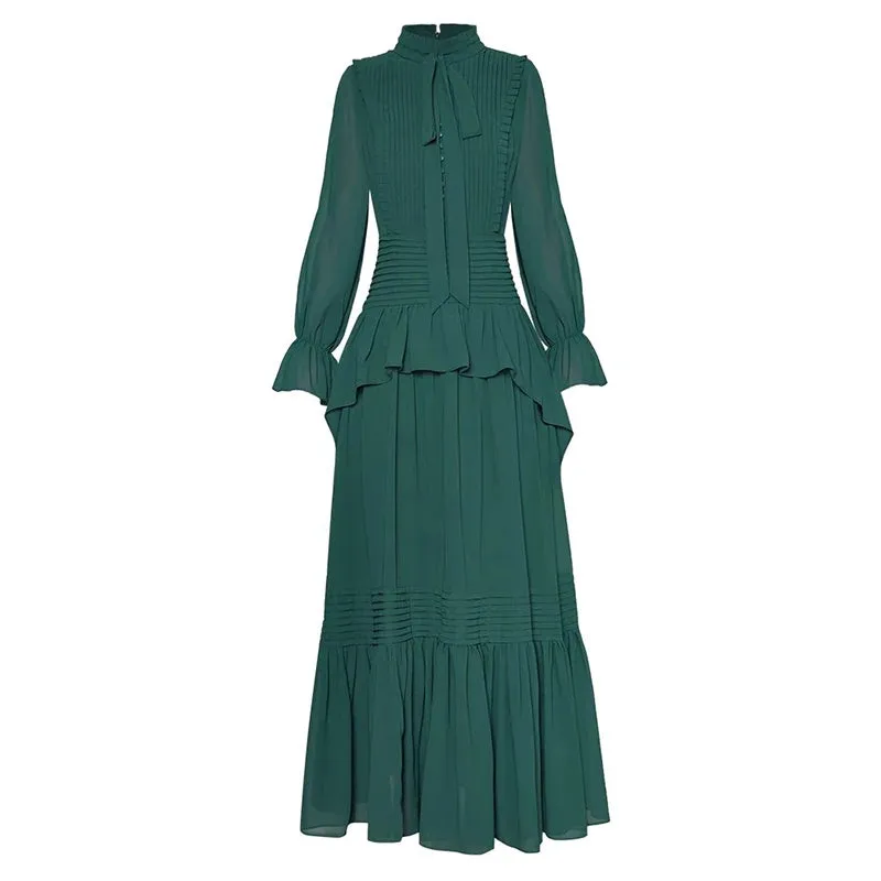 Jaya Bow Stand Collar Flare Sleeve Folds Ruffles Vintage Dress