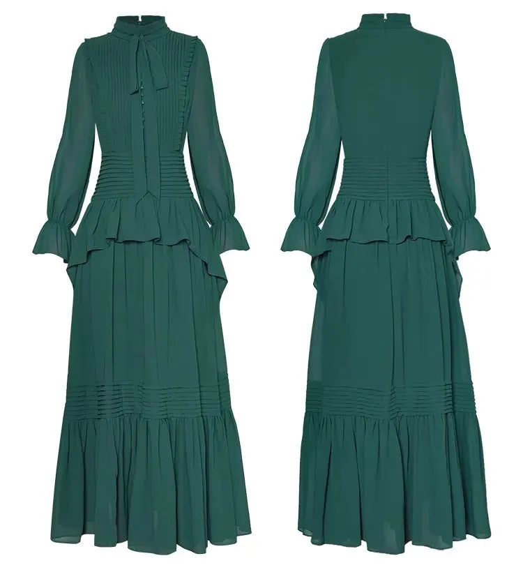 Jaya Bow Stand Collar Flare Sleeve Folds Ruffles Vintage Dress