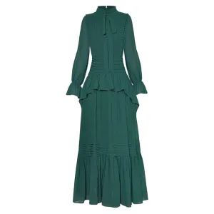 Jaya Bow Stand Collar Flare Sleeve Folds Ruffles Vintage Dress