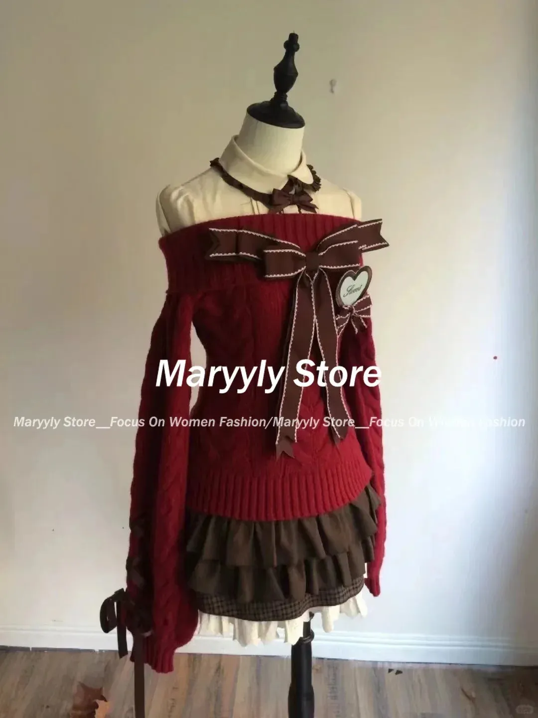JazzHer Autumn Winter Sweet Lolita Style Christmas Red Knitted Pullover Women Y2k Slash Neck Bow Sweaters Spice Girl Cute Knitwear Tops