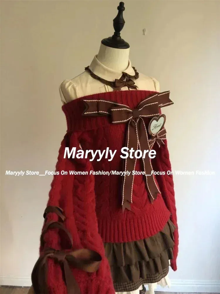 JazzHer Autumn Winter Sweet Lolita Style Christmas Red Knitted Pullover Women Y2k Slash Neck Bow Sweaters Spice Girl Cute Knitwear Tops