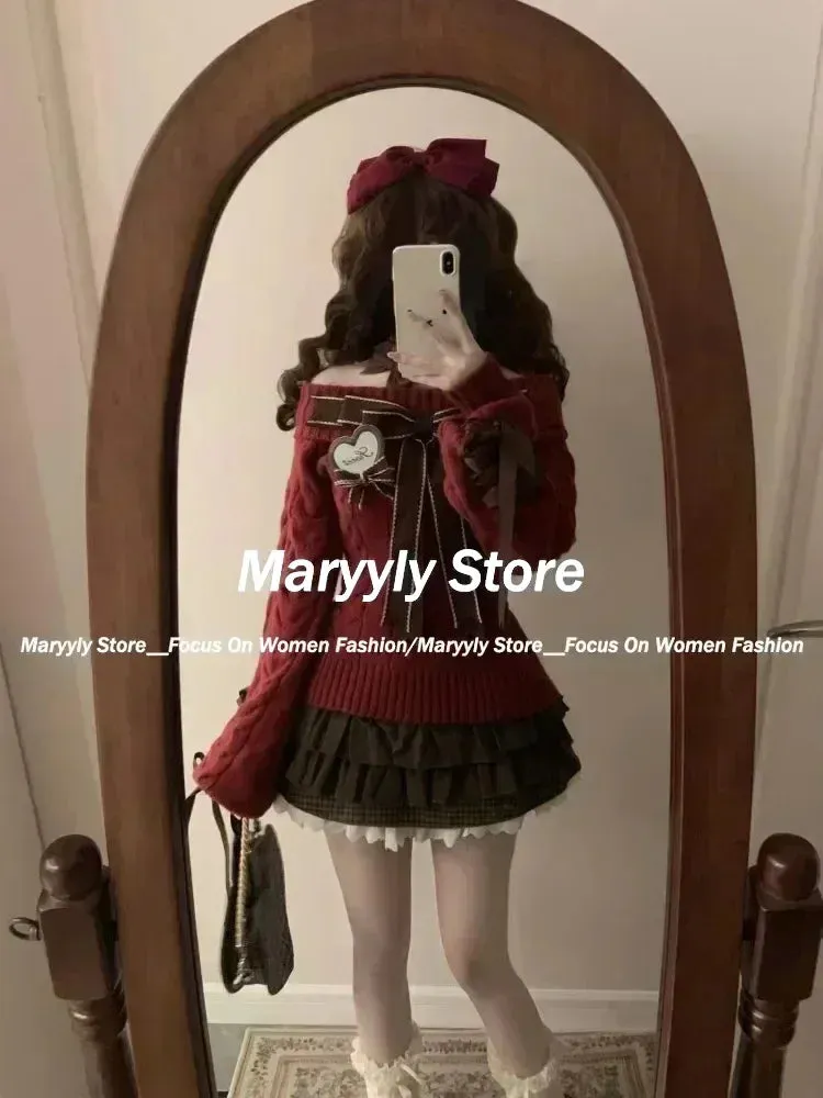 JazzHer Autumn Winter Sweet Lolita Style Christmas Red Knitted Pullover Women Y2k Slash Neck Bow Sweaters Spice Girl Cute Knitwear Tops