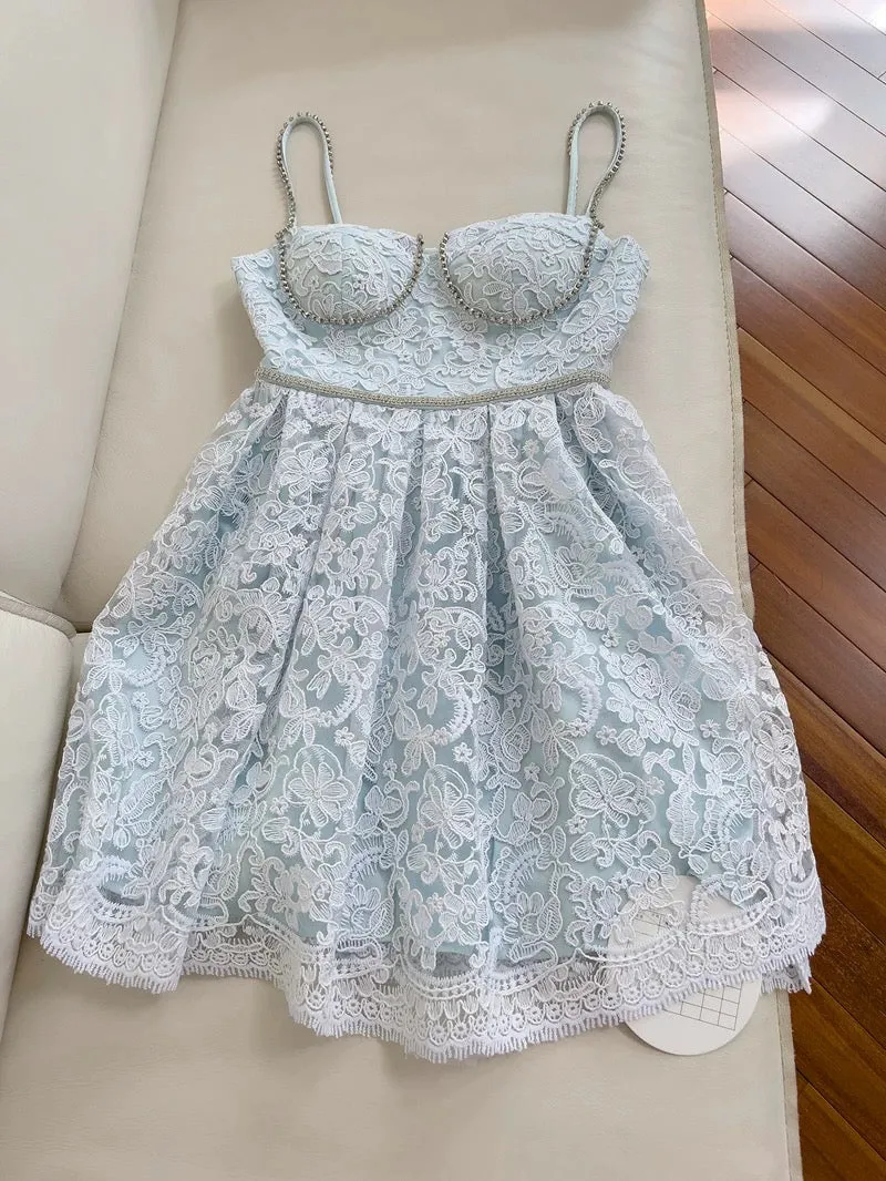 JazzHer Modest A line Spaghetti Straps Light Skye Blue Lace Short Homecoming Dresses Birthday Outfit (PRE-ORDER)