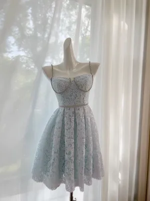 JazzHer Modest A line Spaghetti Straps Light Skye Blue Lace Short Homecoming Dresses Birthday Outfit (PRE-ORDER)