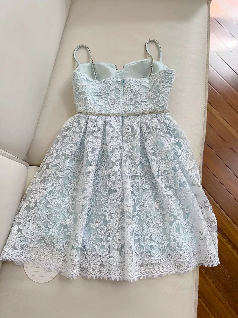 JazzHer Modest A line Spaghetti Straps Light Skye Blue Lace Short Homecoming Dresses Birthday Outfit (PRE-ORDER)