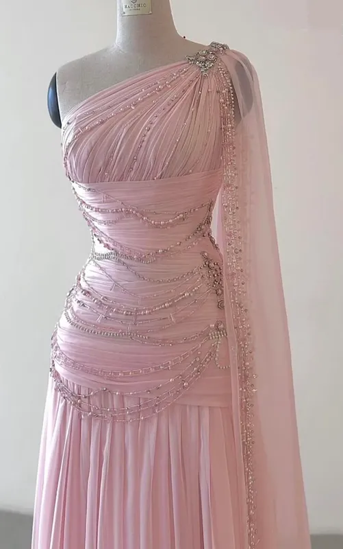 JazzHer Vintage A Line One Shoulder Pink Chiffon Floor Length Prom Dresses Beads Evening Dress (PRE-ORDER)
